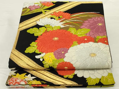 平和屋着物◎六通柄袋帯　唐織　蜀江花文　黒地　金糸　正絹　逸品　AABH6991ou