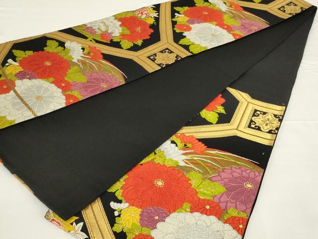 平和屋着物◎六通柄袋帯　唐織　蜀江花文　黒地　金糸　正絹　逸品　AABH6991ou