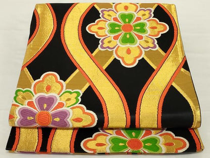 平和屋着物◎六通柄袋帯　唐織　立涌花文　黒地　金糸　正絹　逸品　AABH6993ou