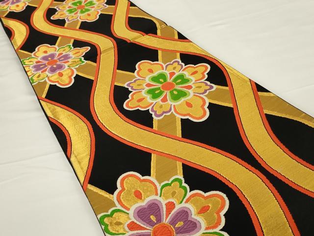 平和屋着物◎六通柄袋帯　唐織　立涌花文　黒地　金糸　正絹　逸品　AABH6993ou