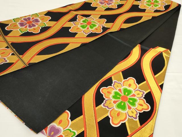 平和屋着物◎六通柄袋帯　唐織　立涌花文　黒地　金糸　正絹　逸品　AABH6993ou