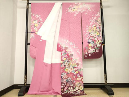 平和屋着物●豪華振袖　駒刺繍　花毬文　暈し染め　金通し地　ロング丈　正絹　逸品　AABH7007ck