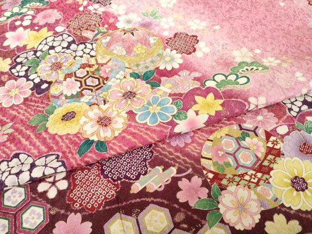 平和屋着物●豪華振袖　駒刺繍　花毬文　暈し染め　金通し地　ロング丈　正絹　逸品　AABH7007ck