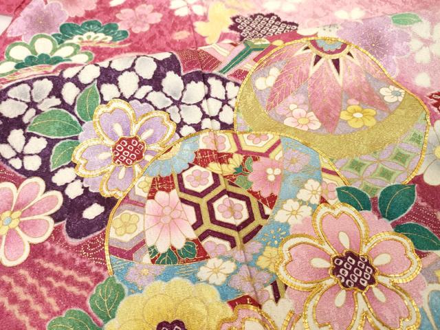 平和屋着物●豪華振袖　駒刺繍　花毬文　暈し染め　金通し地　ロング丈　正絹　逸品　AABH7007ck