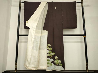 平和屋着物●アンティーク　大正ロマン　黒留袖　松　正絹　逸品　AABH7013ck