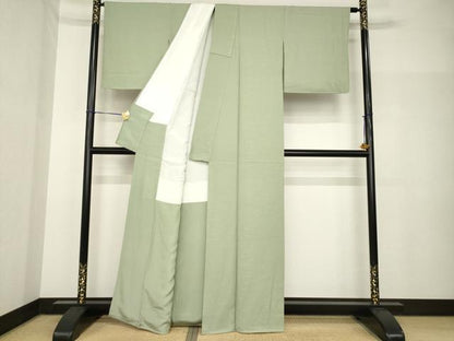 平和屋着物●上質な色無地　寿光織　芝地紋　灰汁色　反端付き　正絹　逸品　AABH7024ck