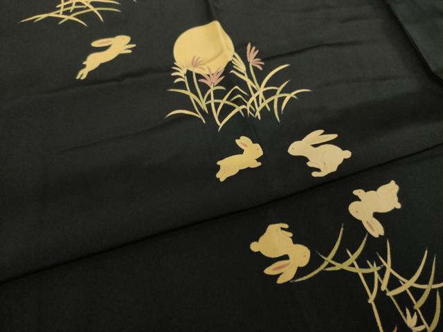 平和屋着物●長襦袢　無双仕立て　月兎　黒地　正絹　逸品　未使用　AABH7027ck 平和屋着物○長襦袢 無双仕立て 月兎 黒地 正絹 逸品 未使用 AABH7027ck