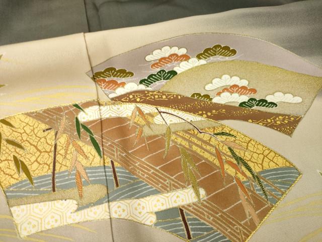 平和屋着物●創業460年・千總　色留袖　友禅　刺繍　地紙風景文　暈し染め　金彩　三越扱い　正絹　逸品　未使用　AABH7034ck