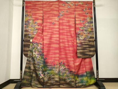 平和屋着物●豪華振袖　刺繍　舞蝶文　暈し染め　金彩　金通し地　正絹　逸品　AABH7042ck