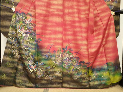 平和屋着物●豪華振袖　刺繍　舞蝶文　暈し染め　金彩　金通し地　正絹　逸品　AABH7042ck