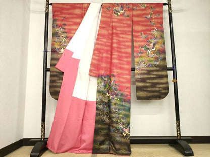 平和屋着物●豪華振袖　刺繍　舞蝶文　暈し染め　金彩　金通し地　正絹　逸品　AABH7042ck