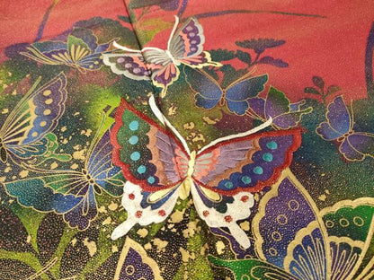 平和屋着物●豪華振袖　刺繍　舞蝶文　暈し染め　金彩　金通し地　正絹　逸品　AABH7042ck
