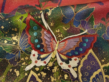 平和屋着物●豪華振袖　刺繍　舞蝶文　暈し染め　金彩　金通し地　正絹　逸品　AABH7042ck
