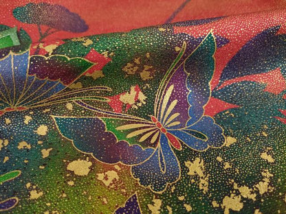 平和屋着物●豪華振袖　刺繍　舞蝶文　暈し染め　金彩　金通し地　正絹　逸品　AABH7042ck