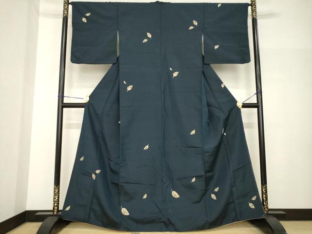 平和屋着物●上質な小紋　紬地　手描き　舞葉文　正絹　逸品　AABH7043ck