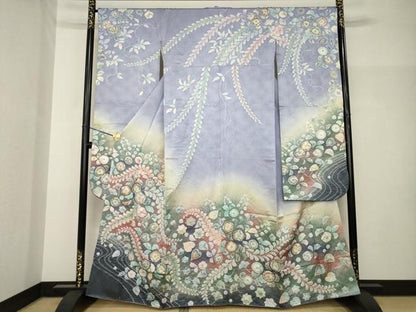 平和屋着物●伯河貞雄　振袖　辻が花　絞り　舞花文　暈し染め　銀通し地　正絹　逸品　AABH7053ck