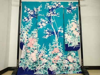 平和屋着物●豪華振袖　駒刺繍　草花文　暈し染め　銀彩　正絹　逸品　AABH7058ck