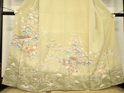 平和屋着物●訪問着　友禅　駒刺繍　松竹梅風景花文　金彩　正絹　逸品　AABH7061ck