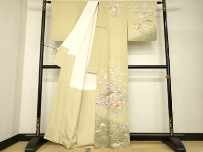 平和屋着物●訪問着　友禅　駒刺繍　松竹梅風景花文　金彩　正絹　逸品　AABH7061ck
