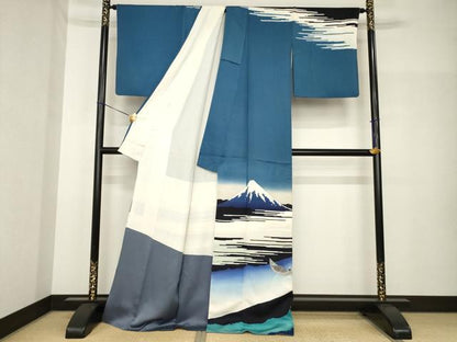 平和屋着物●訪問着　葛飾北斎　富嶽三十六景　武洲玉川　ロング丈　正絹　逸品　AABH7077ck