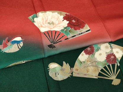 平和屋着物●豪華振袖　扇面鴛鴦花文　暈し染め　金彩　金通し地　正絹　逸品　AABH7078ck