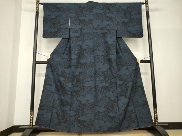 平和屋着物●結城紬　100亀甲　風景文　正絹　逸品　AABH7091ck