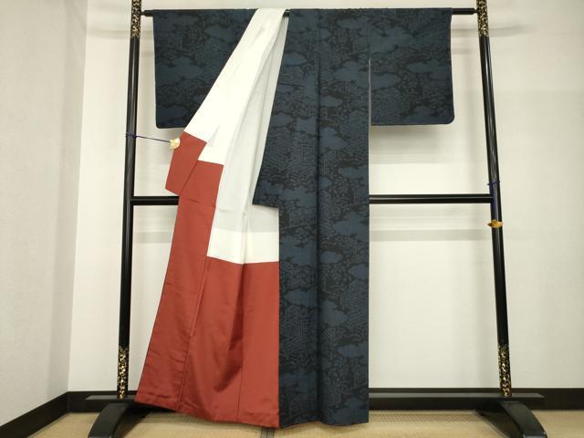 平和屋着物●結城紬　100亀甲　風景文　正絹　逸品　AABH7091ck