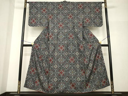 平和屋着物●本場大島紬　割り込み絣　飾花文　正絹　逸品　AABH7096ck