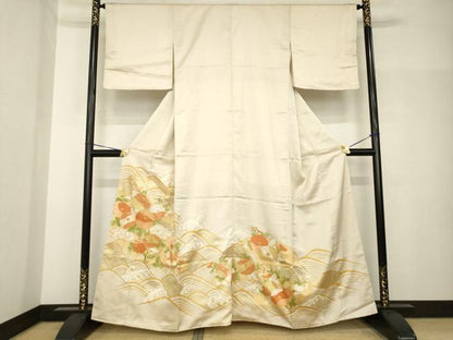 平和屋着物●豪華色留袖　駒刺繍　立波花文　正絹　逸品　AABH7100ck