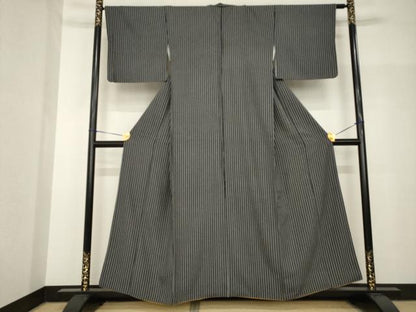 平和屋着物●上質な小紋　縞　黒地　正絹　逸品　AABH7111ck