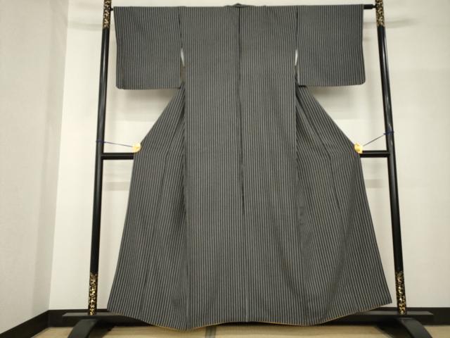 平和屋着物●上質な小紋　縞　黒地　正絹　逸品　AABH7111ck