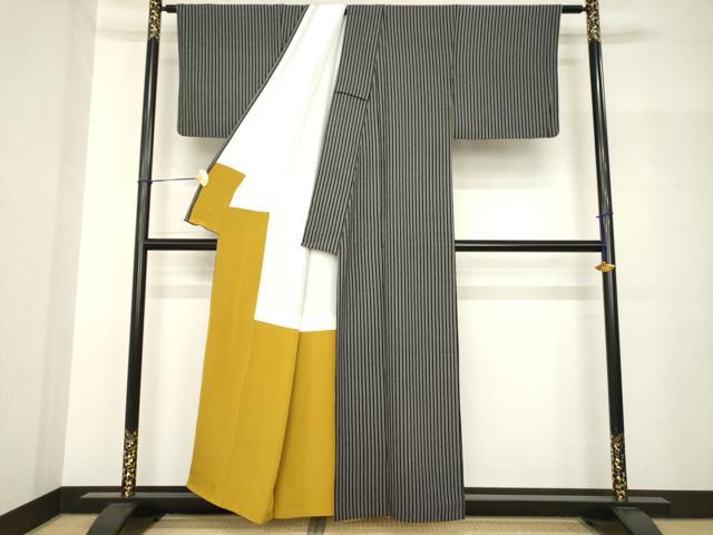 平和屋着物●上質な小紋　縞　黒地　正絹　逸品　AABH7111ck