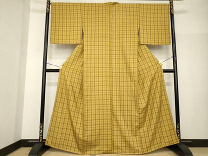 平和屋着物●黄八丈　紬　格子　市松綾織　正絹　逸品　AABH7120ck