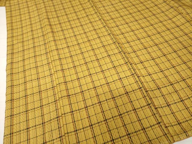 平和屋着物●黄八丈　紬　格子　市松綾織　正絹　逸品　AABH7120ck