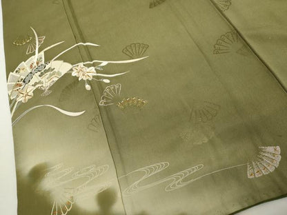 平和屋着物●アンティーク　大正ロマン　色留袖　駒刺繍　流水扇面花文　暈し染め　金銀糸　正絹　逸品　AABH7122cs