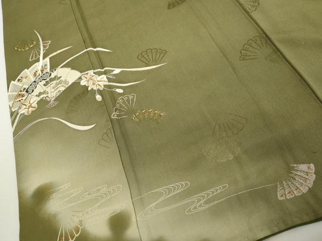 平和屋着物●アンティーク　大正ロマン　色留袖　駒刺繍　流水扇面花文　暈し染め　金銀糸　正絹　逸品　AABH7122cs