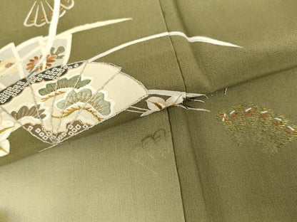 平和屋着物●アンティーク　大正ロマン　色留袖　駒刺繍　流水扇面花文　暈し染め　金銀糸　正絹　逸品　AABH7122cs