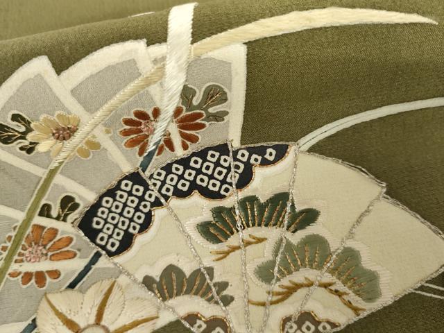 平和屋着物●アンティーク　大正ロマン　色留袖　駒刺繍　流水扇面花文　暈し染め　金銀糸　正絹　逸品　AABH7122cs