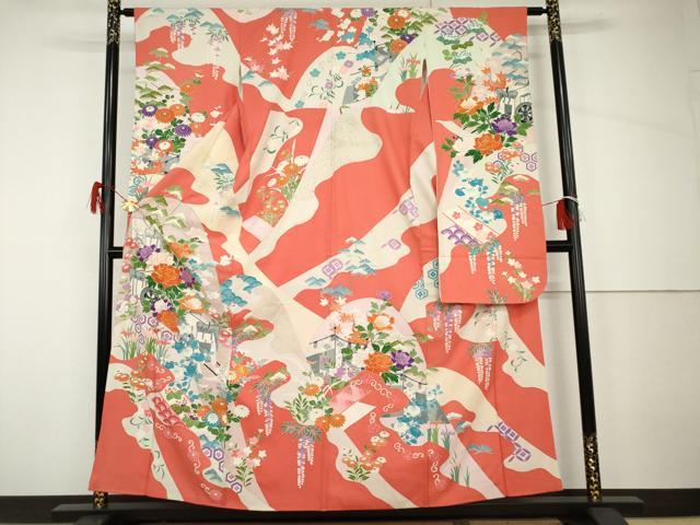 平和屋着物▼豪華振袖 友禅 駒刺繍 御所車花文 金彩 正絹 逸品 AABH7137cs