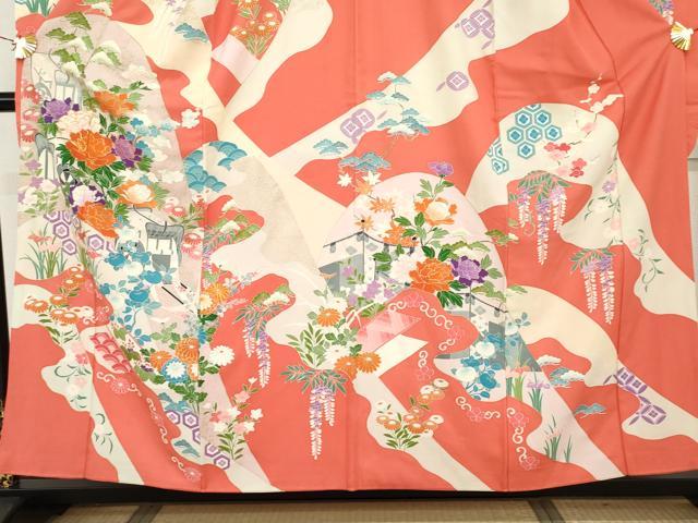 平和屋着物▼豪華振袖 友禅 駒刺繍 御所車花文 金彩 正絹 逸品 AABH7137cs