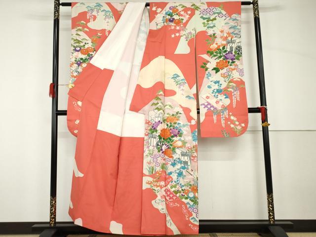 平和屋着物▼豪華振袖 友禅 駒刺繍 御所車花文 金彩 正絹 逸品 AABH7137cs