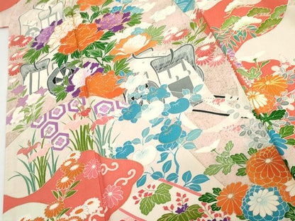 平和屋着物▼豪華振袖 友禅 駒刺繍 御所車花文 金彩 正絹 逸品 AABH7137cs