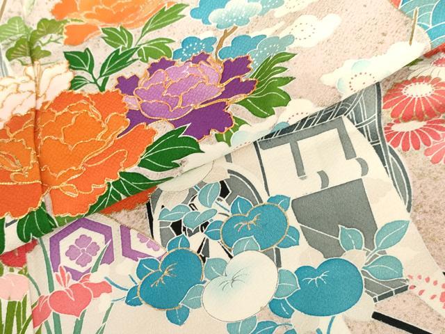 平和屋着物▼豪華振袖 友禅 駒刺繍 御所車花文 金彩 正絹 逸品 AABH7137cs