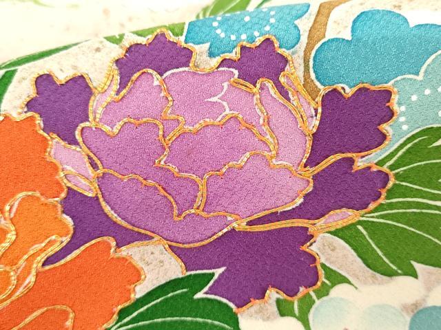 平和屋着物▼豪華振袖 友禅 駒刺繍 御所車花文 金彩 正絹 逸品 AABH7137cs