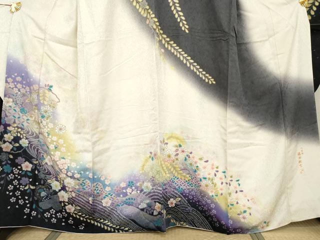平和屋着物●巧芸師　福田秋吉　振袖　絞り　辻が花　暈し染め　金彩　金通し地　正絹　逸品　AABH7140cs