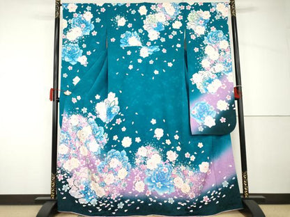 平和屋着物●豪華振袖　刺繍　草花文　薔薇　暈し染め　金彩　正絹　逸品　AABH7143cs