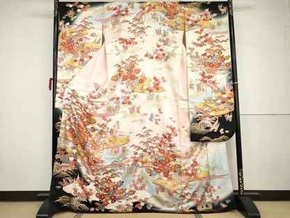 平和屋着物●豪華振袖　駒刺繍　渡り橋風景草花文　暈し染め　金彩　正絹　逸品　AABH7155cs