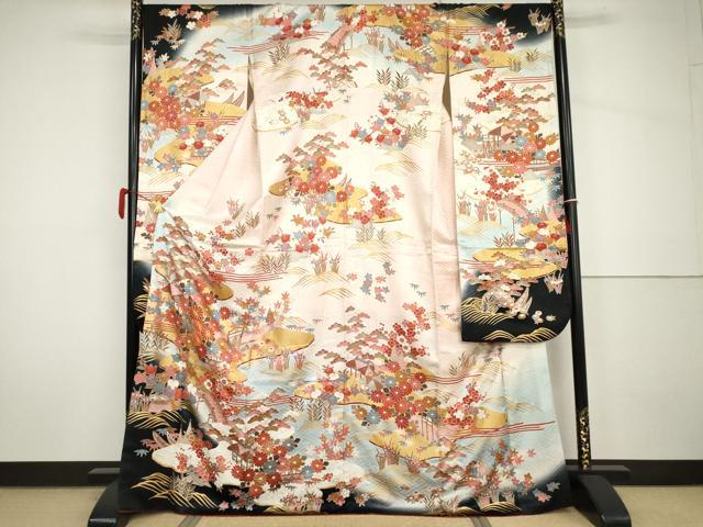 平和屋着物●豪華振袖　駒刺繍　渡り橋風景草花文　暈し染め　金彩　正絹　逸品　AABH7155cs