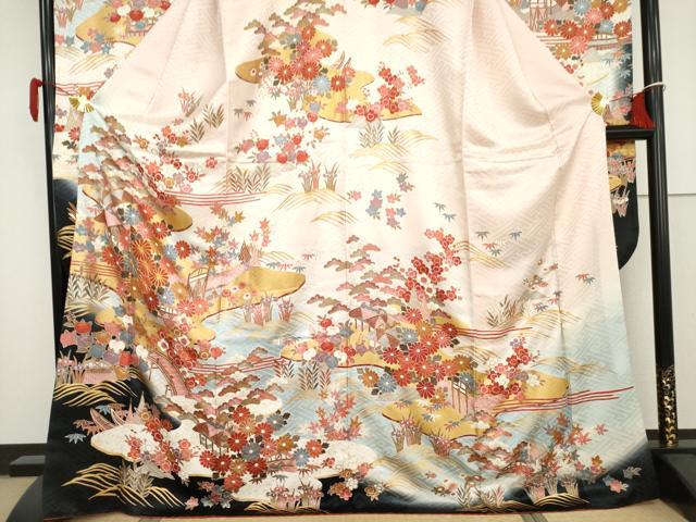 平和屋着物●豪華振袖　駒刺繍　渡り橋風景草花文　暈し染め　金彩　正絹　逸品　AABH7155cs