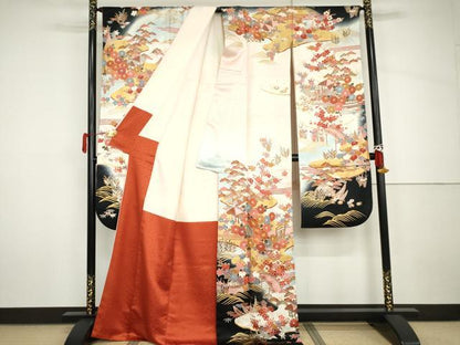 平和屋着物●豪華振袖　駒刺繍　渡り橋風景草花文　暈し染め　金彩　正絹　逸品　AABH7155cs